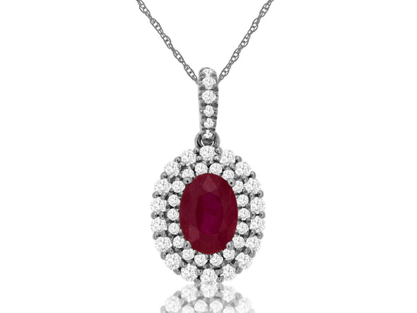 Oval Ruby and Double Diamond Halo Pendant