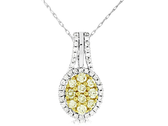Yellow and White Diamond Cluster and Halo Pendant