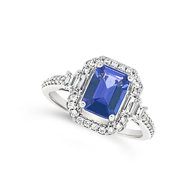 Emerald Shaped Tanzanite and Diamond Halo Ring