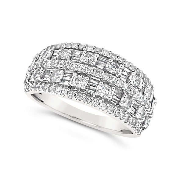 Round and Baguette Diamond Five Row Ring