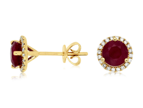 Round Ruby and Diamond Halo Stud Earrings