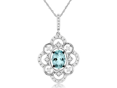 Vintage Style Oval Aquamarine and Diamond Halo Pendant