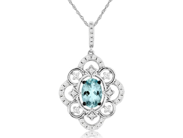 Vintage Style Oval Aquamarine and Diamond Halo Pendant