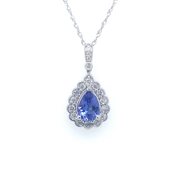 Vintage Style Pear Shaped Tanzanite and Diamond Halo Pendant