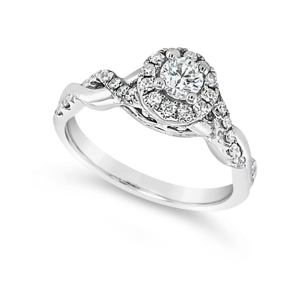 Round Diamond Halo and Cross-Over Design Engagement Ring