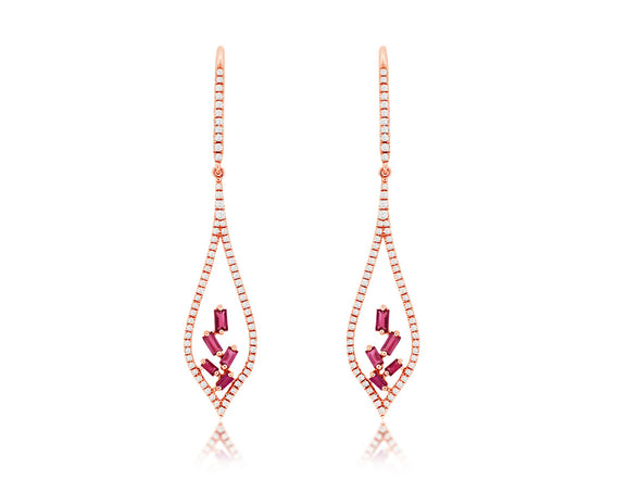 Ruby and Diamond Open Teardrop Design Dangle Earrings