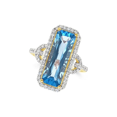 Emerald Shaped Blue Topaz and Diamond Halo Ring