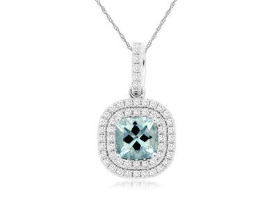 Aquamarine and Double Diamond Halo Pendant