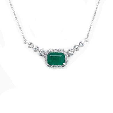 Emerald and Diamond Halo and Round Diamond Bar Necklace