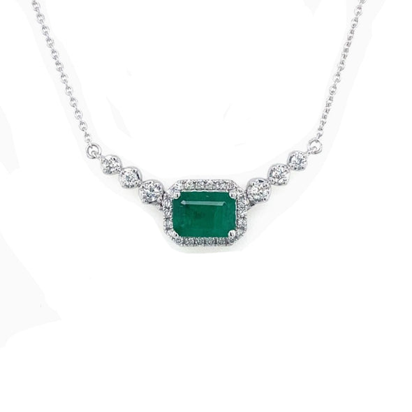 Emerald and Diamond Halo and Round Diamond Bar Necklace