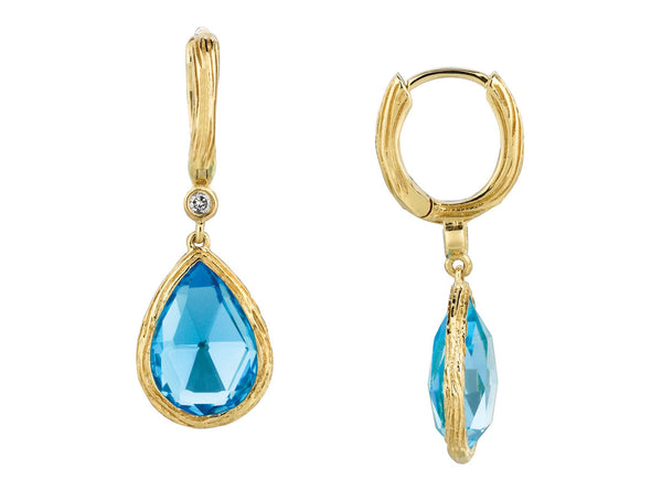 Bezel Set and Single Diamond Blue Topaz Drop Earrings