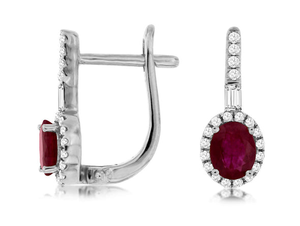 Oval Ruby and Diamond Halo Drop Earrings