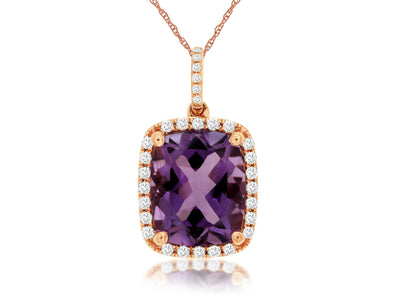 Checkerboard Amethyst and Diamond Halo Pendant