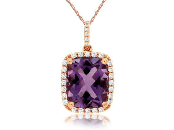 Checkerboard Amethyst and Diamond Halo Pendant