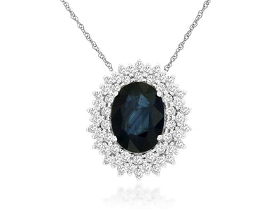 Oval Sapphire and Double Diamond Halo Pendant
