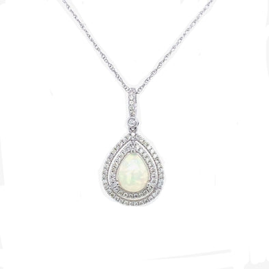 Opal and Double Diamond Halo Teardrop Pendant