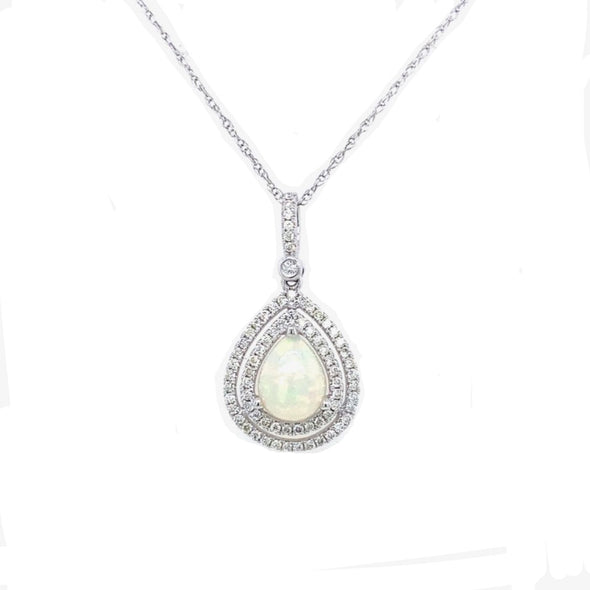 Opal and Double Diamond Halo Teardrop Pendant