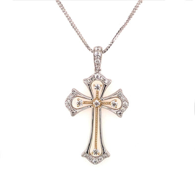 Two-Tone Gold Diamond Cross Pendant with Single Diamond Accents