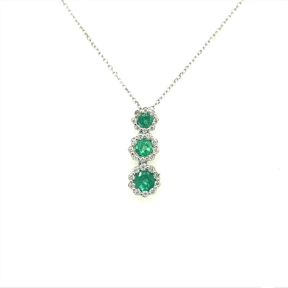 Three Round Emerald and Diamond Halo Pendant
