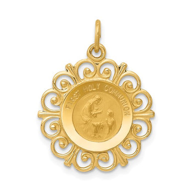 First Holy Communion Medal with Scroll Design Border - 14kt Yellow Gold