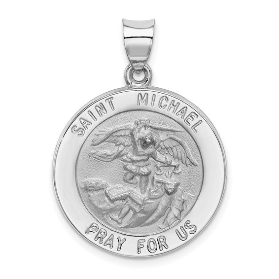 Large Round St. Michael Medal - 14kt White Gold