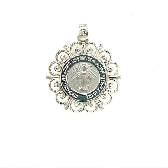 Filagree Design Round Miraculous Medal - 14kt White Gold