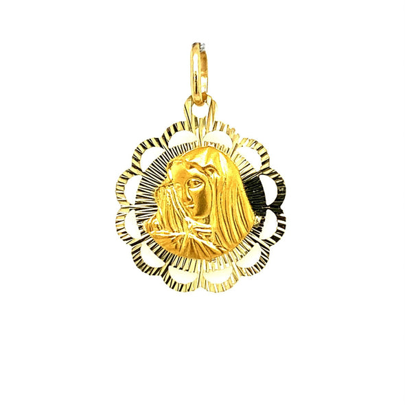 Diamond Cut Design Round Madonna Medal - 14kt Yellow Gold