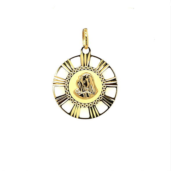 Beaded and Etched Detail Round Madonna Medal - 14kt Yellow Gold