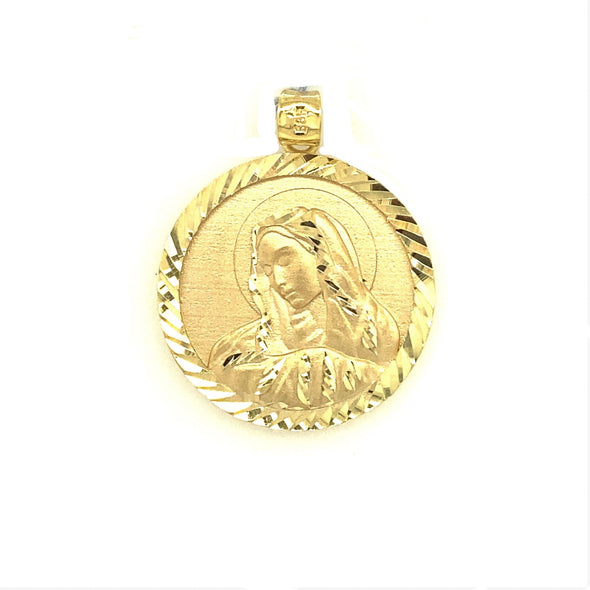 Diamond Cut Detail Round Madonna Medal - 14kt Yellow Gold