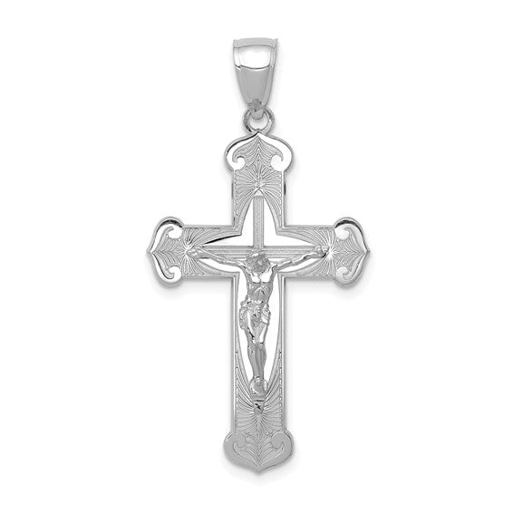 Crucifix with Etched and Flared Edge Detail - 14kt White Gold