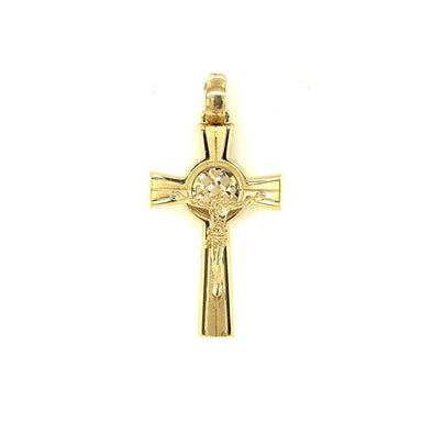 Circular Detail Etched Crucifix - 14kt Yellow Gold