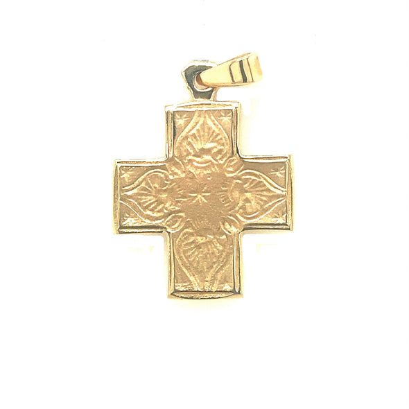 Wide Cross with Etched Design - 14kt Yellow Gold