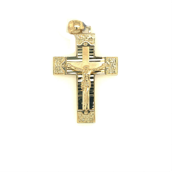 Fancy Square Edge Crucifix with Etched Detail - !4kt Yellow Gold