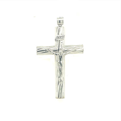 Etched Striped Design Crucifix - 14kt White Gold