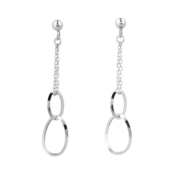 Chain and Double Oval Design Dangle Earrings - 14kt White Gold