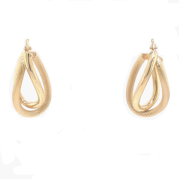 Textured and High Polish Double Oval Hoop Earrings - 14kt Yellow Gold