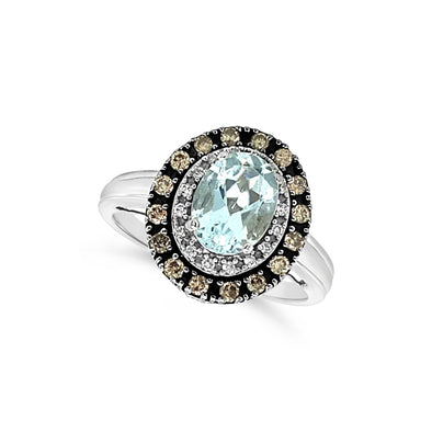 Oval Aquamarine and Double Diamond Halo Ring
