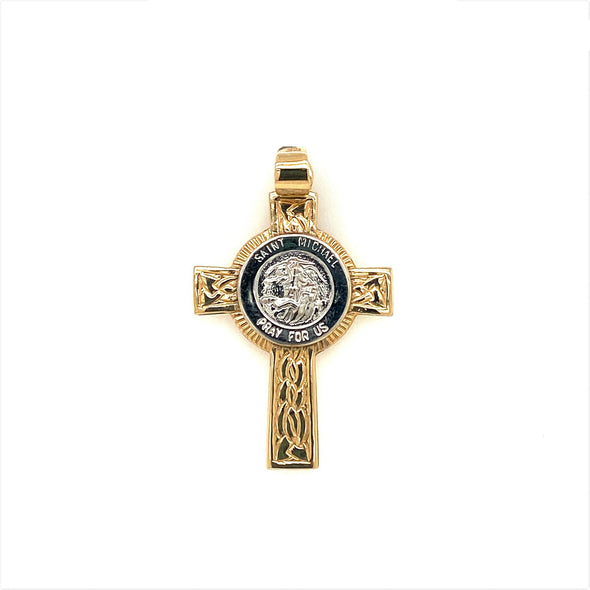 Engraved Detail St. Michael Cross - 14kt Two-Tone Gold