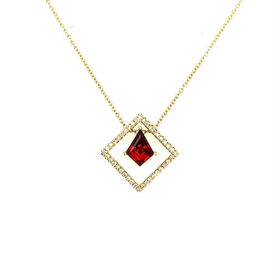 Geometric Design Garnet and Open Diamond Halo Pendant