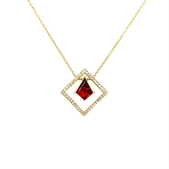 Geometric Design Garnet and Open Diamond Halo Pendant