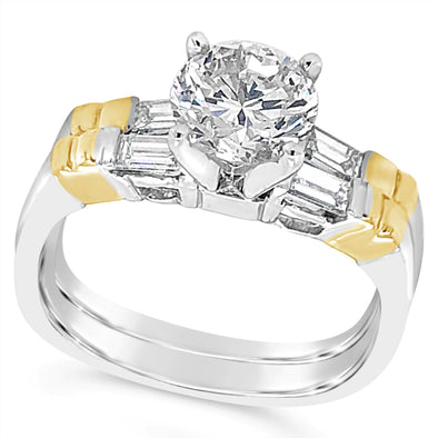 Two-Tone Gold Baguette Engagement Mounting and Matching Wedding Band