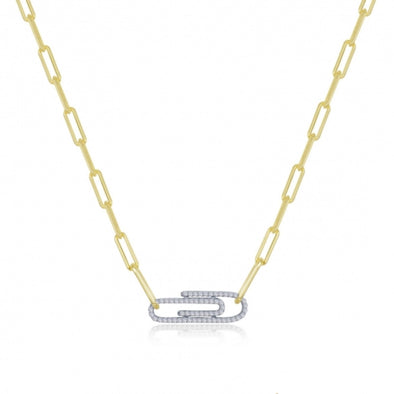 Simulated Diamond Accented Paperclip Design Necklace by LaFonn - Sterling Silver and Gold Plate