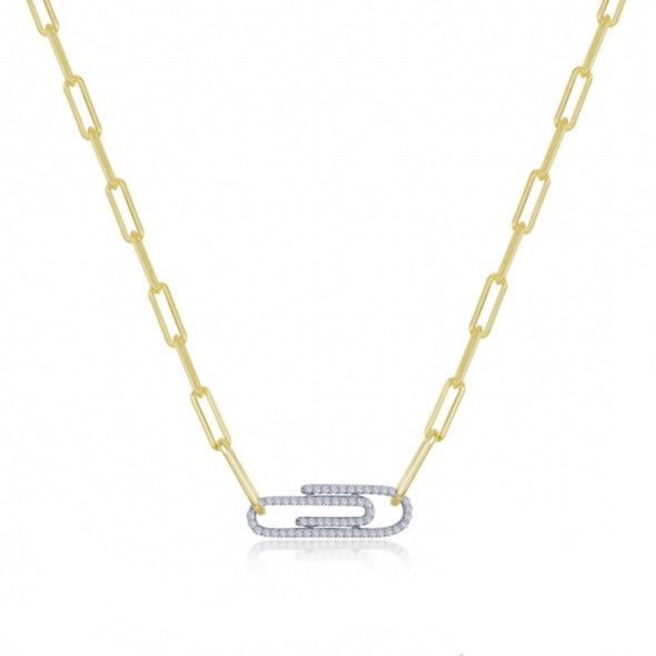 Simulated Diamond Accented Paperclip Design Necklace by LaFonn - Sterling Silver and Gold Plate