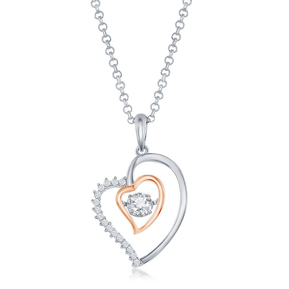 Dancing Cubic Zirconia and Open Double Heart Pendant - Sterling Silver and Rose Gold Plated
