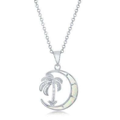 Opal Accented Palm Tree and Crescent Moon Pendant - Sterling Silver