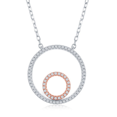 Double Open Circle Design Necklace - Sterling Silver and Rose Gold Plate