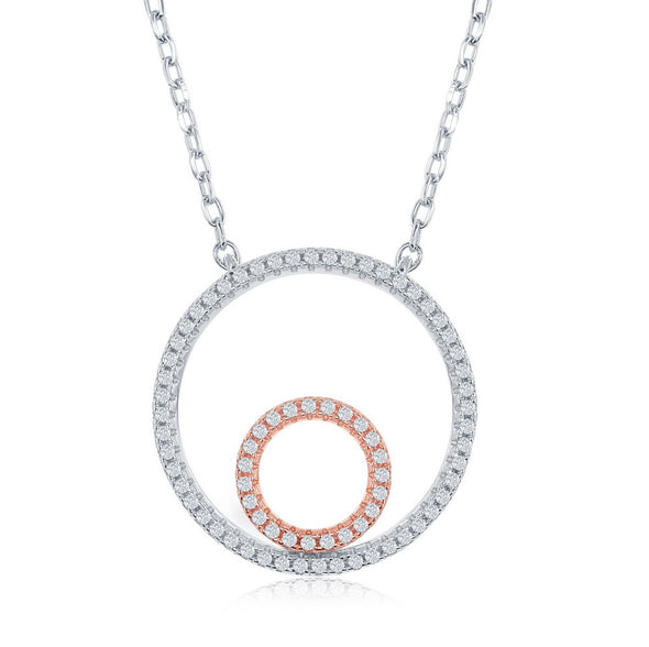 Double Open Circle Design Necklace - Sterling Silver and Rose Gold Plate