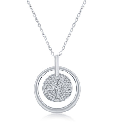 Cubic Zirconia Accented Double Circle Design Pendant - Sterling Silver