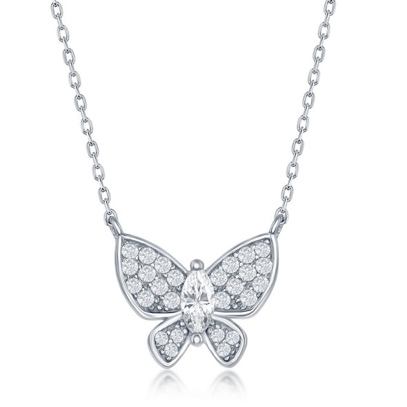 Cubic Zirconia Butterfly Design Necklace - Sterling Silver