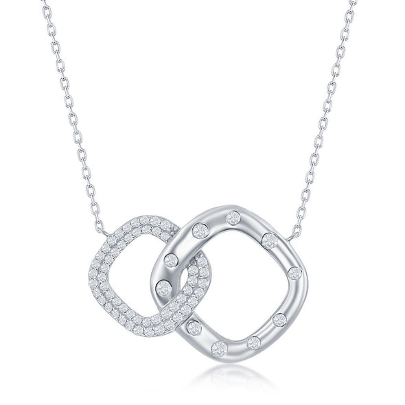 Cubic Zirconia Double Open Geometric Design Necklace - Sterling Silver